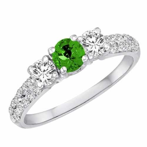Platinum Round 3 Stone Diamond and Peridot Engagement Ring With Double Row Pave Set Shank (1.10 cttw)