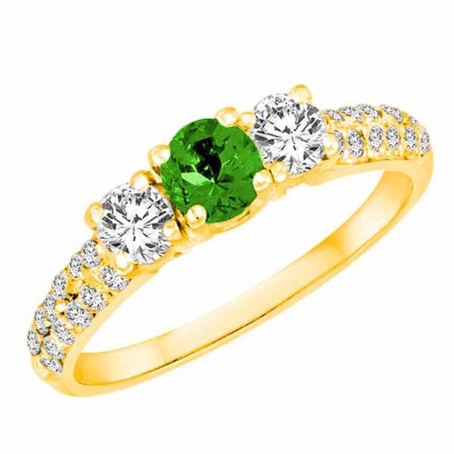 14K Yellow Gold Round 3 Stone Diamond and Peridot Engagement Ring With Double Row Pave Set Shank (1.10 cttw)