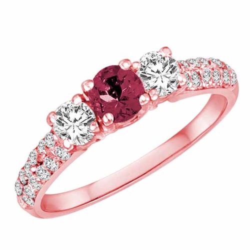 14K Rose Gold Round 3 Stone Diamond and Pink Tourmaline Engagement Ring With Double Row Pave Set Shank (1.10 cttw)