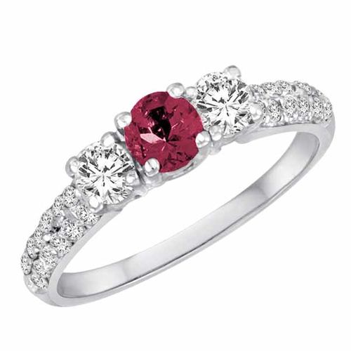 10K White Gold Round 3 Stone Diamond and Pink Tourmaline Engagement Ring With Double Row Pave Set Shank (1.10 cttw)