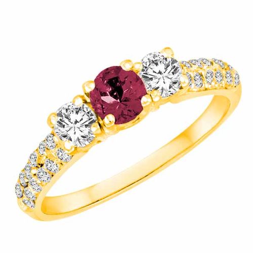 14K Yellow Gold Round 3 Stone Diamond and Pink Tourmaline Engagement Ring With Double Row Pave Set Shank (1.10 cttw)