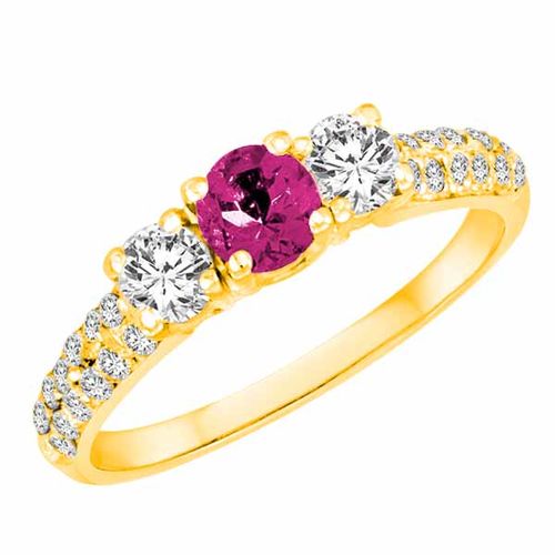 10K Yellow Gold Round 3 Stone Diamond and Pink Sapphire Engagement Ring With Double Row Pave Set Shank (1.10 cttw)