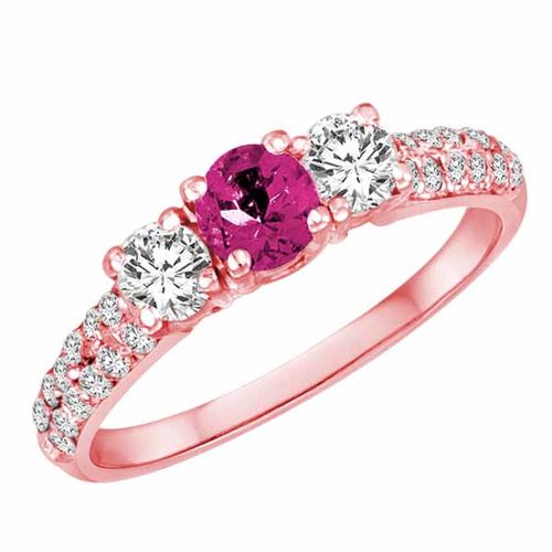 14K Rose Gold Round 3 Stone Diamond and Pink Topaz Engagement Ring With Double Row Pave Set Shank (1.10 cttw)