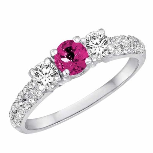 10K White Gold Round 3 Stone Diamond and Pink Topaz Engagement Ring With Double Row Pave Set Shank (1.10 cttw)
