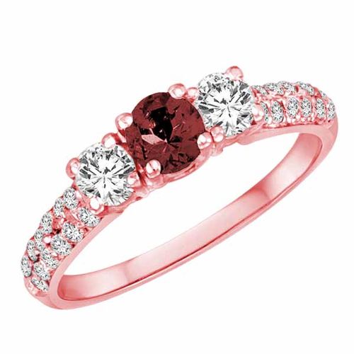 18K Rose Gold Round 3 Stone Diamond and Ruby Engagement Ring With Double Row Pave Set Shank (1.10 cttw)