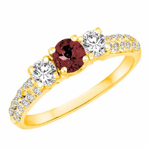 10K Yellow Gold Round 3 Stone Diamond and Ruby Engagement Ring With Double Row Pave Set Shank (1.10 cttw)