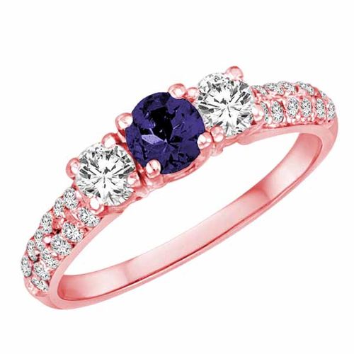 10K Rose Gold Round 3 Stone Diamond and Blue Sapphire Engagement Ring With Double Row Pave Set Shank (1.10 cttw)
