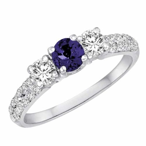 Platinum Round 3 Stone Diamond and Blue Sapphire Engagement Ring With Double Row Pave Set Shank (1.10 cttw)