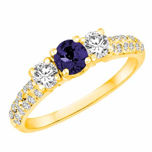18K Yellow Gold Round 3 Stone Diamond and Blue Sapphire Engagement Ring With Double Row Pave Set Shank (1.10 cttw)