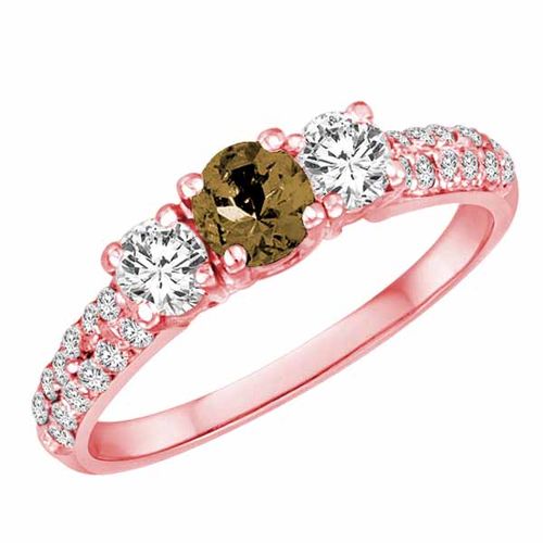 10K Rose Gold Round 3 Stone Diamond and Smoky Quartz Engagement Ring With Double Row Pave Set Shank (1.10 cttw)