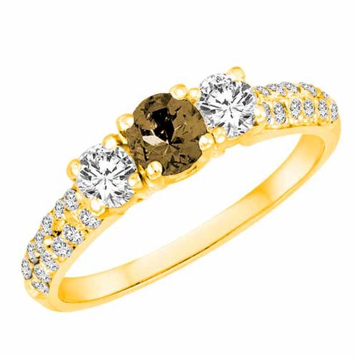 14K Yellow Gold Round 3 Stone Diamond and Smoky Quartz Engagement Ring With Double Row Pave Set Shank (1.10 cttw)
