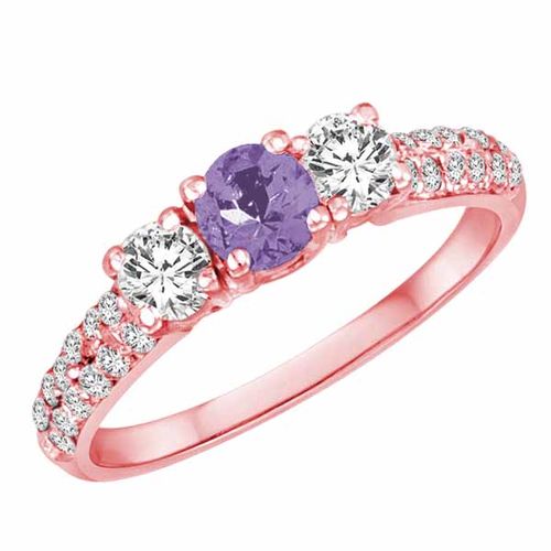 18K Rose Gold Round 3 Stone Diamond and Tanzanite Engagement Ring With Double Row Pave Set Shank (1.10 cttw)