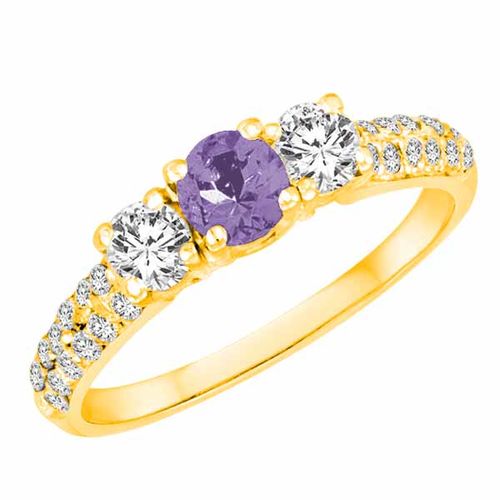 10K Yellow Gold Round 3 Stone Diamond and Tanzanite Engagement Ring With Double Row Pave Set Shank (1.10 cttw)