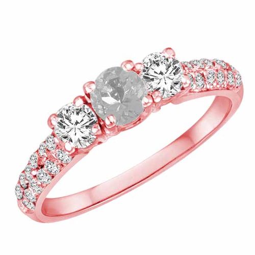 18K Rose Gold Round 3 Stone Diamond and White Quartz Engagement Ring With Double Row Pave Set Shank (1.10 cttw)