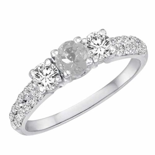 10K White Gold Round 3 Stone Diamond and White Quartz Engagement Ring With Double Row Pave Set Shank (1.10 cttw)