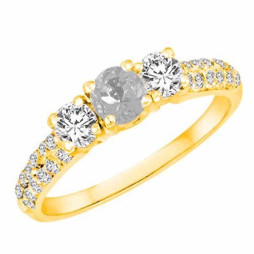 10K Yellow Gold Round 3 Stone Diamond and White Quartz Engagement Ring With Double Row Pave Set Shank (1.10 cttw)