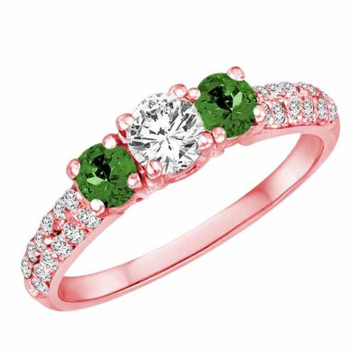 18K Rose Gold Round 3 Stone Diamond and Emerald Engagement Ring With Double Row Pave Set Shank (1.15 cttw)