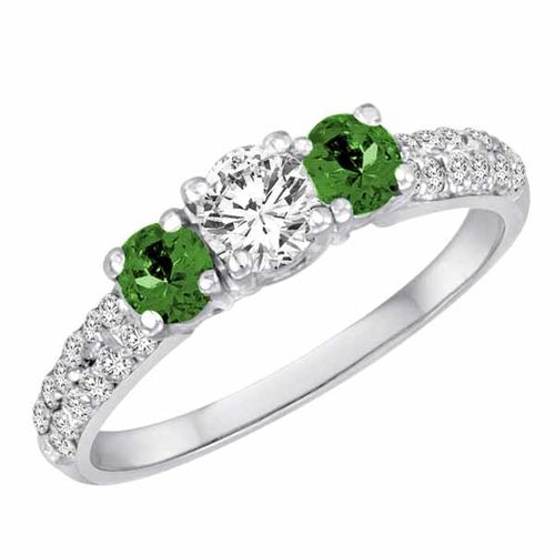 10K White Gold Round 3 Stone Diamond and Emerald Engagement Ring With Double Row Pave Set Shank (1.15 cttw)