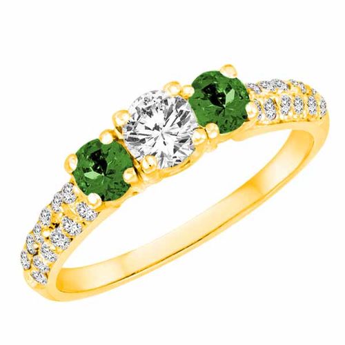 18K Yellow Gold Round 3 Stone Diamond and Emerald Engagement Ring With Double Row Pave Set Shank (1.15 cttw)