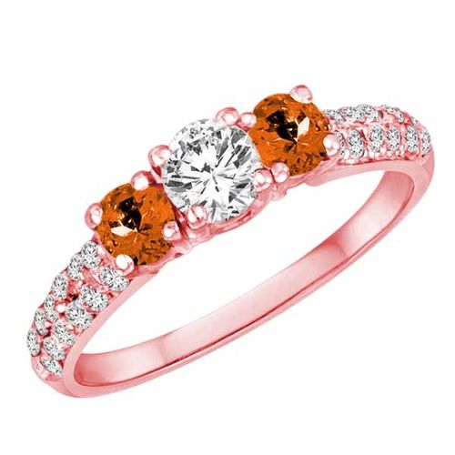 10K Rose Gold Round 3 Stone Diamond and Fire Opal Engagement Ring With Double Row Pave Set Shank (1.15 cttw)
