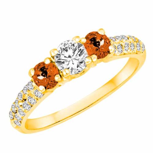 18K Yellow Gold Round 3 Stone Diamond and Fire Opal Engagement Ring With Double Row Pave Set Shank (1.15 cttw)