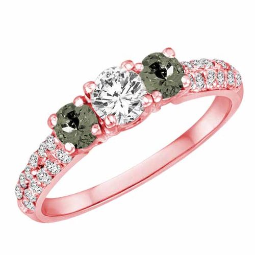 10K Rose Gold Round 3 Stone Diamond and Green Amethyst Engagement Ring With Double Row Pave Set Shank (1.15 cttw)
