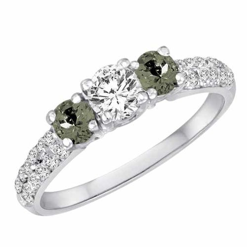 18K White Gold Round 3 Stone Diamond and Green Amethyst Engagement Ring With Double Row Pave Set Shank (1.15 cttw)