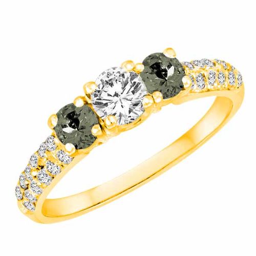 10K Yellow Gold Round 3 Stone Diamond and Green Amethyst Engagement Ring With Double Row Pave Set Shank (1.15 cttw)