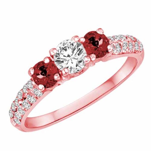 14K Rose Gold Round 3 Stone Diamond and Garnet Engagement Ring With Double Row Pave Set Shank (1.15 cttw)