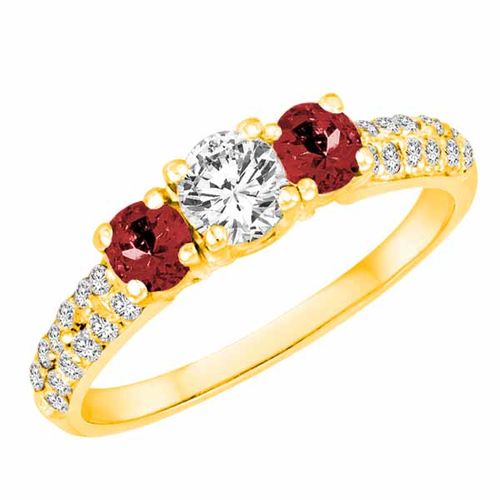 14K Yellow Gold Round 3 Stone Diamond and Garnet Engagement Ring With Double Row Pave Set Shank (1.15 cttw)
