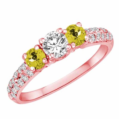 10K Rose Gold Round 3 Stone Diamond and Lemon Quartz Engagement Ring With Double Row Pave Set Shank (1.15 cttw)