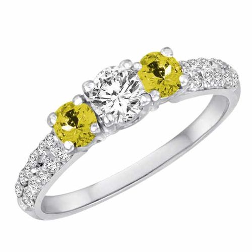 Sterling Silver Round 3 Stone Diamond and Lemon Quartz Engagement Ring With Double Row Pave Set Shank (1.15 cttw)