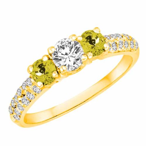 14K Yellow Gold Round 3 Stone Diamond and Lemon Quartz Engagement Ring With Double Row Pave Set Shank (1.15 cttw)