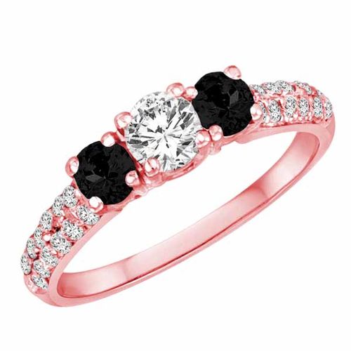 14K Rose Gold Round 3 Stone Diamond and Onyx Engagement Ring With Double Row Pave Set Shank (1.15 cttw)