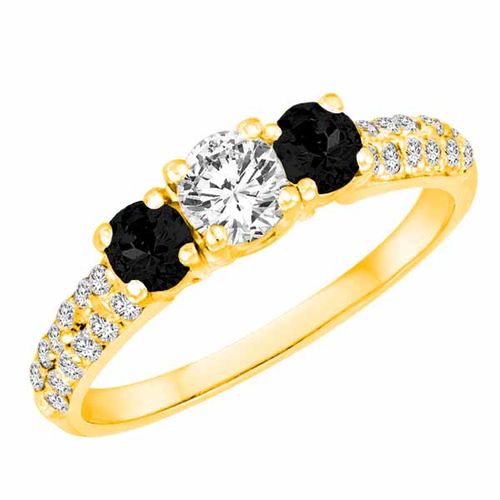 10K Yellow Gold Round 3 Stone Diamond and Onyx Engagement Ring With Double Row Pave Set Shank (1.15 cttw)