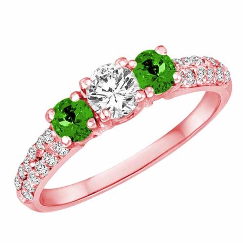 14K Rose Gold Round 3 Stone Diamond and Peridot Engagement Ring With Double Row Pave Set Shank (1.15 cttw)