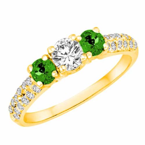 14K Yellow Gold Round 3 Stone Diamond and Peridot Engagement Ring With Double Row Pave Set Shank (1.15 cttw)