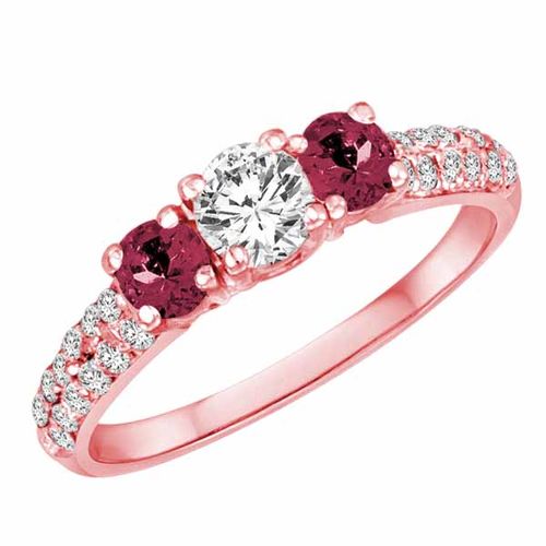 18K Rose Gold Round 3 Stone Diamond and Pink Tourmaline Engagement Ring With Double Row Pave Set Shank (1.15 cttw)