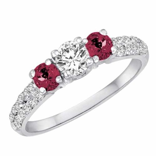 Sterling Silver Round 3 Stone Diamond and Pink Tourmaline Engagement Ring With Double Row Pave Set Shank (1.15 cttw)