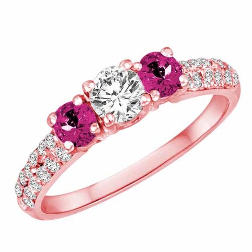 10K Rose Gold Round 3 Stone Diamond and Pink Sapphire Engagement Ring With Double Row Pave Set Shank (1.15 cttw)