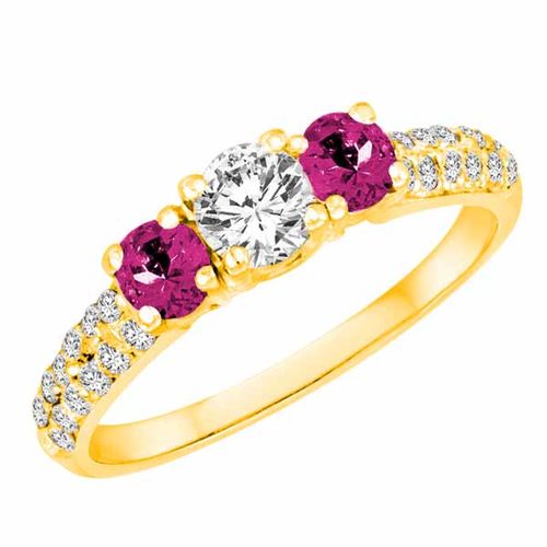 10K Yellow Gold Round 3 Stone Diamond and Pink Sapphire Engagement Ring With Double Row Pave Set Shank (1.15 cttw)