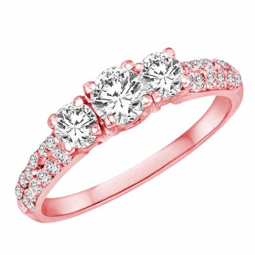 14K Rose Gold 3 Three Stone Round Brilliant Diamond Engagement Ring With Double Row Pave Set Shank (1.00 cttw)