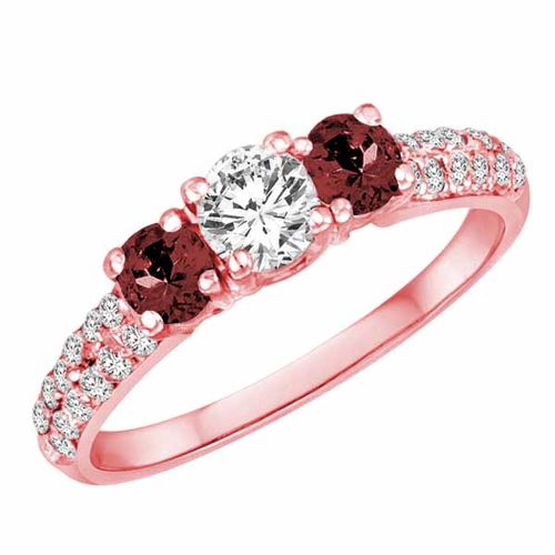 14K Rose Gold Round 3 Stone Diamond and Ruby Engagement Ring With Double Row Pave Set Shank (1.15 cttw)