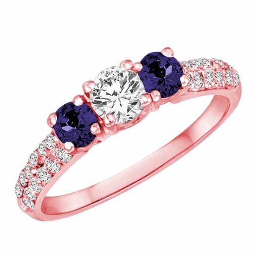 14K Rose Gold Round 3 Stone Diamond and Blue Sapphire Engagement Ring With Double Row Pave Set Shank (1.15 cttw)