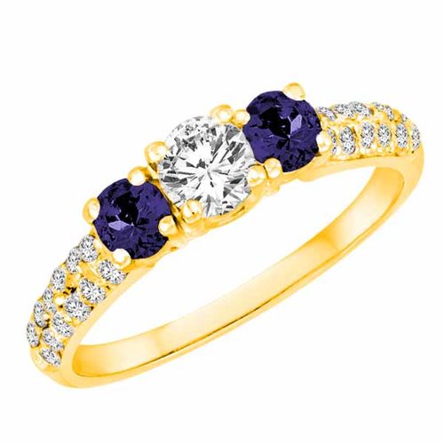 14K Yellow Gold Round 3 Stone Diamond and Blue Sapphire Engagement Ring With Double Row Pave Set Shank (1.15 cttw)