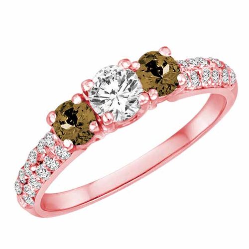 14K Rose Gold Round 3 Stone Diamond and Smoky Quartz Engagement Ring With Double Row Pave Set Shank (1.15 cttw)