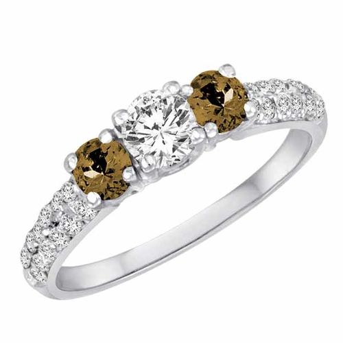 Sterling Silver Round 3 Stone Diamond and Smoky Quartz Engagement Ring With Double Row Pave Set Shank (1.15 cttw)