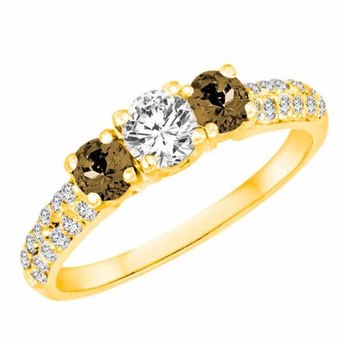 14K Yellow Gold Round 3 Stone Diamond and Smoky Quartz Engagement Ring With Double Row Pave Set Shank (1.15 cttw)