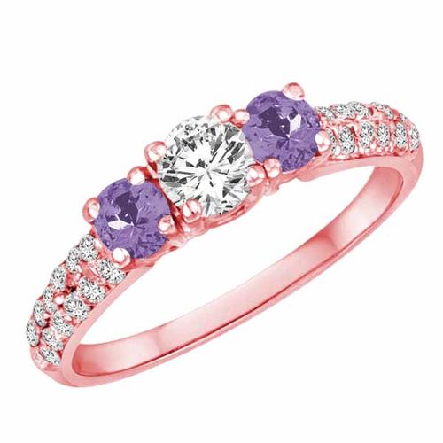 18K Rose Gold Round 3 Stone Diamond and Tanzanite Engagement Ring With Double Row Pave Set Shank (1.15 cttw)