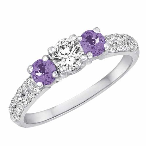 14K White Gold Round 3 Stone Diamond and Tanzanite Engagement Ring With Double Row Pave Set Shank (1.15 cttw)